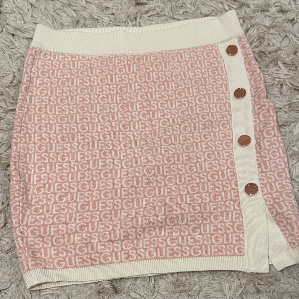 GUESS Cream and Pink Buttoned Mini Skirt